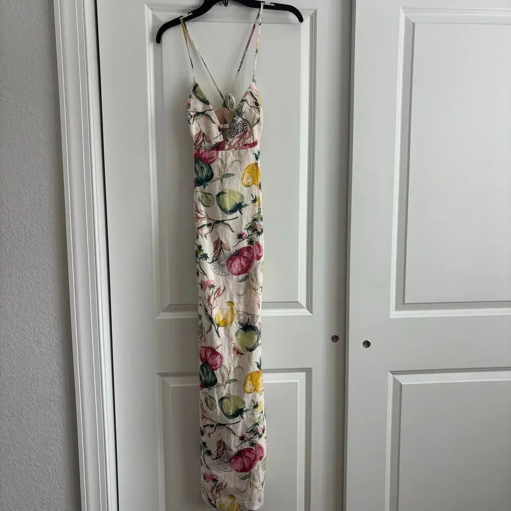 NWT Abercrombie & Fitch Premium Linen Cutout Midi Dress Vegetable Print Medium